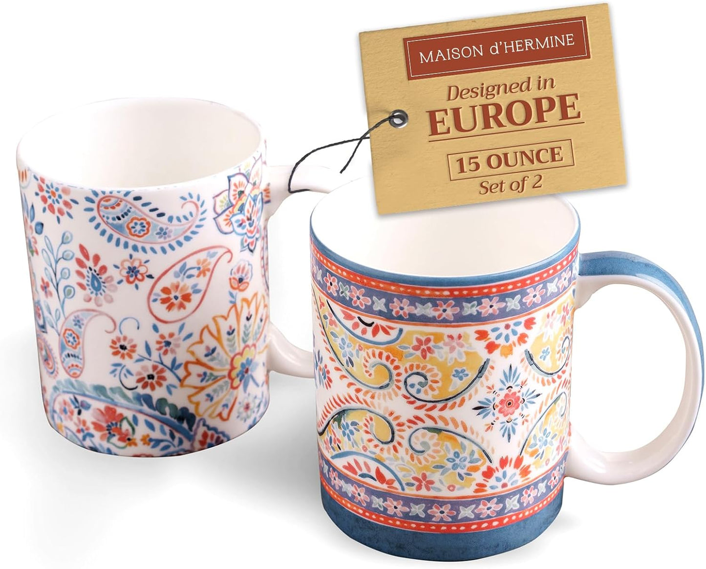 Maison d' Hermine Coffee Mug with Handles Fine Bone China Mugs Pack of Two Tea Cups for Hot Beverages Cappuccino Latte Home Restaurant Office Perfect for Gift (Indian Floral, 15 Ounce)