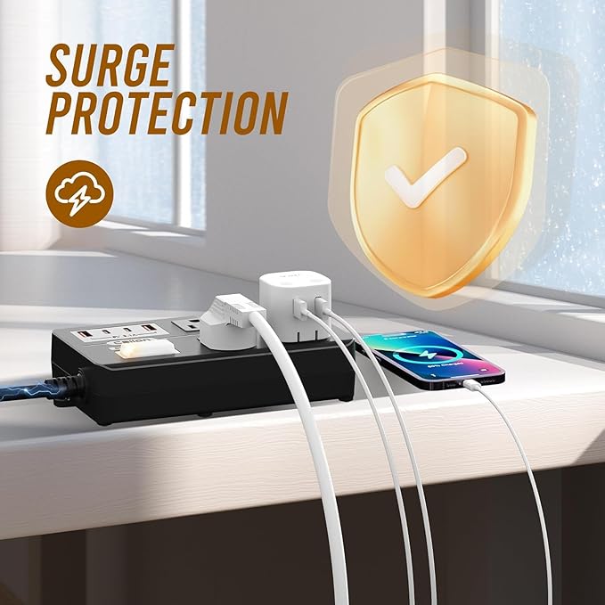 IPX6 Outdoor Power Strip Weatherproof, Waterproof Surge Protector with 4 Wide Outlet with 2A2C USB Ports, 15FT Long Extension Cord, Wall Mountable for Outside Decorations and More UL Listed(Black)