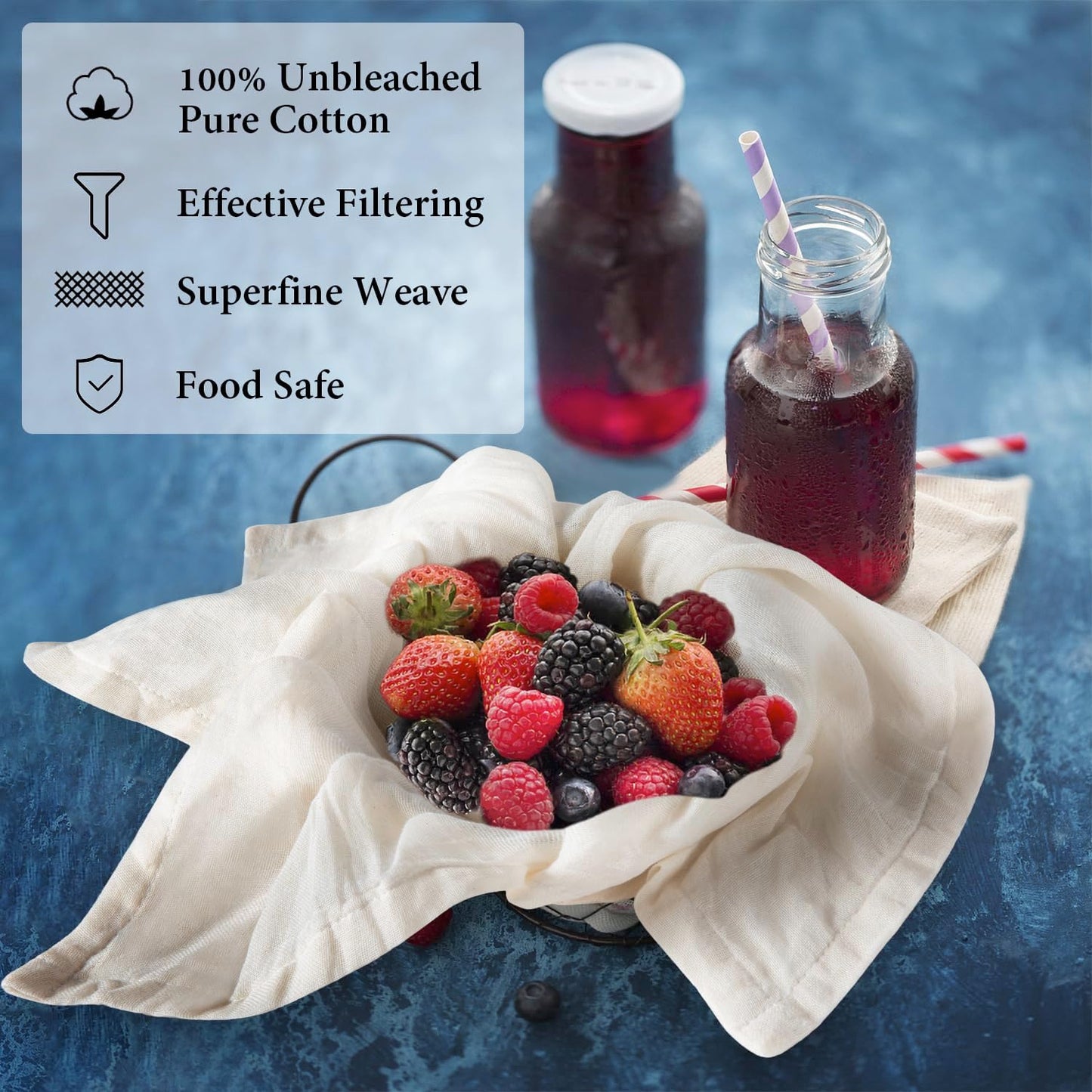 eFond Cheese Cloths | 4-Pack Double Layers, 20x20Inch Squares with Hemmed Edges | Grade 90 Reusable Cheesecloth for Straining | Unbleached Cotton Muslin Cloths | For Nut Milk, Butter, Baking & Cooking