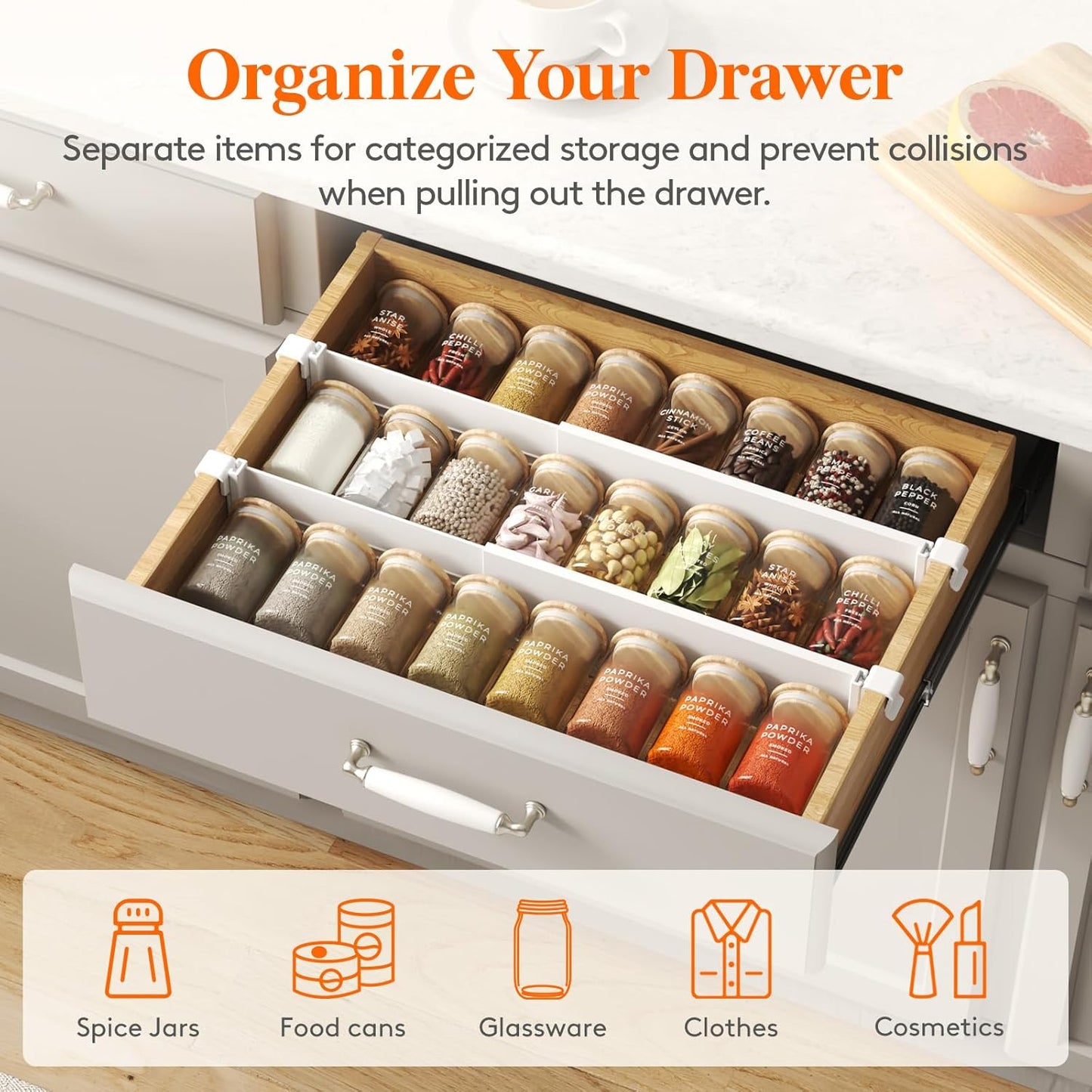 Lifewit Hanging Kitchen Drawer Dividers 3.1" High, 10-17" Adjustable Drawer Organizers for Utensils, Expandable Dresser Separators in Kitchen/Bedroom/Bathroom/Vanity/Office, White(4 Pack)