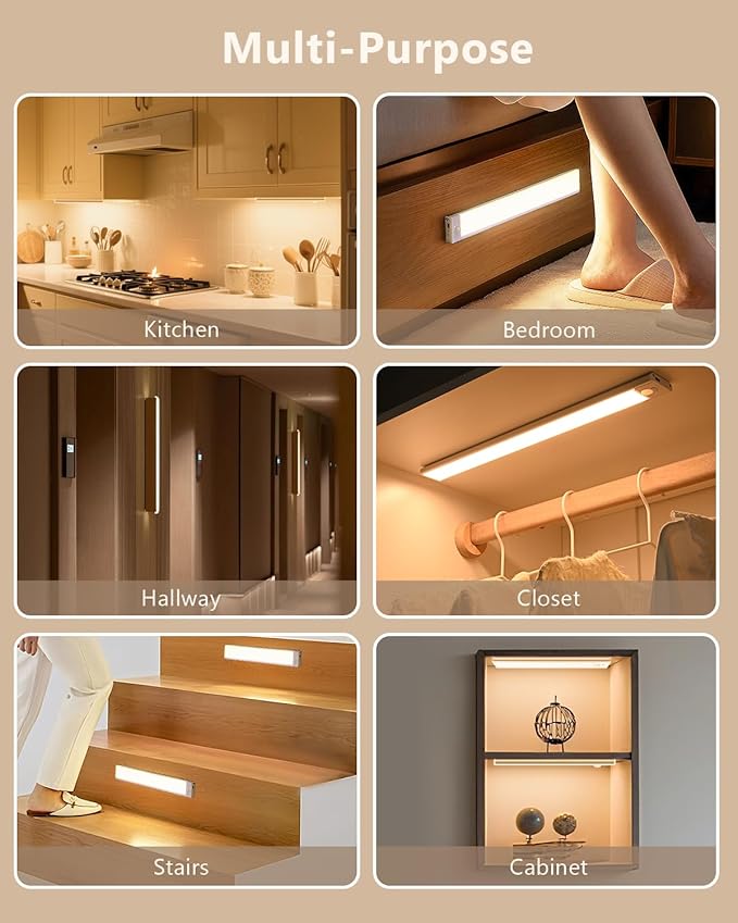 Under Cabinet Lighting, LED Rechargeable Motion Sensor Closet Lights, 3 Color Temps Under Counter Lights, Wireless Dimmable Magnetic Battery Operated Light Indoor for Kitchen, Stairs, Pantry