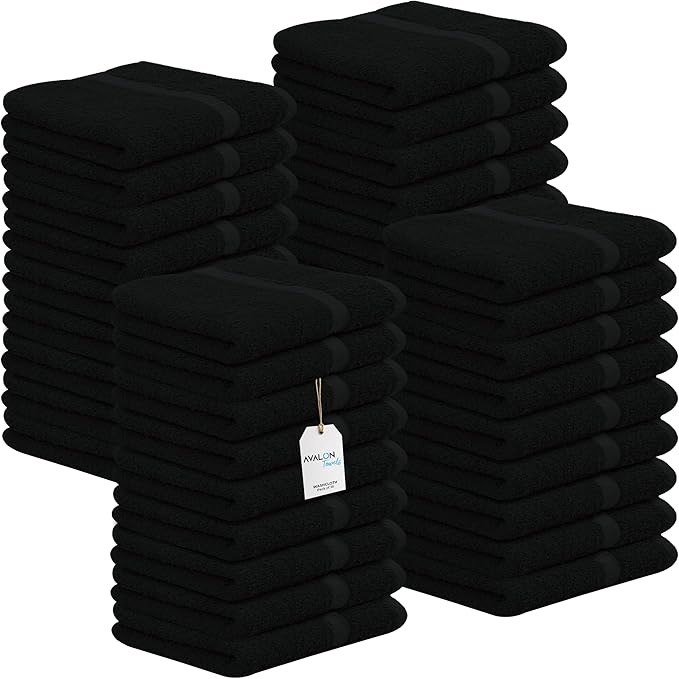 Avalon Towels Cotton Washcloths – (Pack of 36) Size 12x12 Inches, 100% Ring Spun Cotton, Soft & Absorbent Face Towels, Gym Towels, Hotel and Spa Quality, Reusable Fingertip Towels (Black)