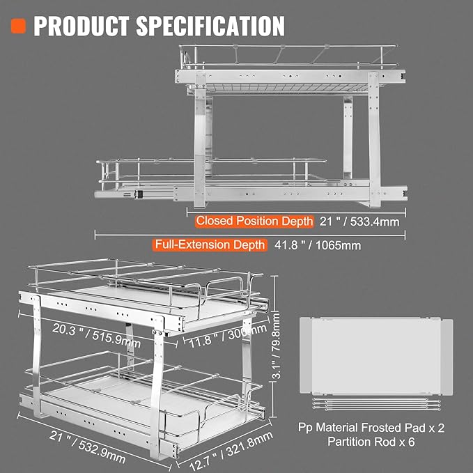 VEVOR Pull Out Cabinet Organizer, 14"Wx21"D Heavy 2 Tier Duty Slide Out Pantry Shelves, Chrome-Plated Steel Roll Out Drawer for Under Sink, 15.5"Wx22"D Install Size for Cabinet