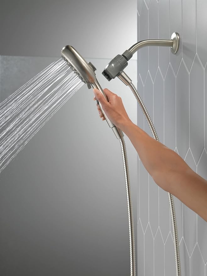 Delta Faucet 6-Spray SureDock Magnetic Shower Head with Handheld Spray, Brushed Nickel Shower Head with Hose, Showerheads & Handheld Showers, MagnaTite Docking, Stainless 75609SN