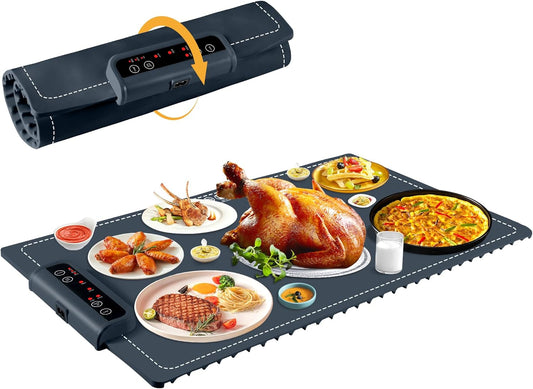 Food Warming Mat- Foldable Warming Mat for Food with Adjustable Temperature Control Time Moders Locking Function Electric Warming Tray for Parties,Home,Travel,Buffet Dark Blue