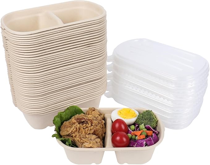 28 oz Disposable bowls with lids, 2 Compartments Sugarcane Fiber Food Container, Food Storage, 50 Pack