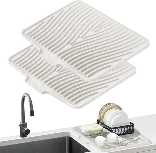 Dish Drying Mat, Stone Drying Mat for Kitchen Counter with Built-in Drain, Non-Slip Drying Matt Kitchen Counter, Heat Resistant Silicone Drying Mat, Dish Drying Pad, 2 Pcs(15.8"X 13", Cream)