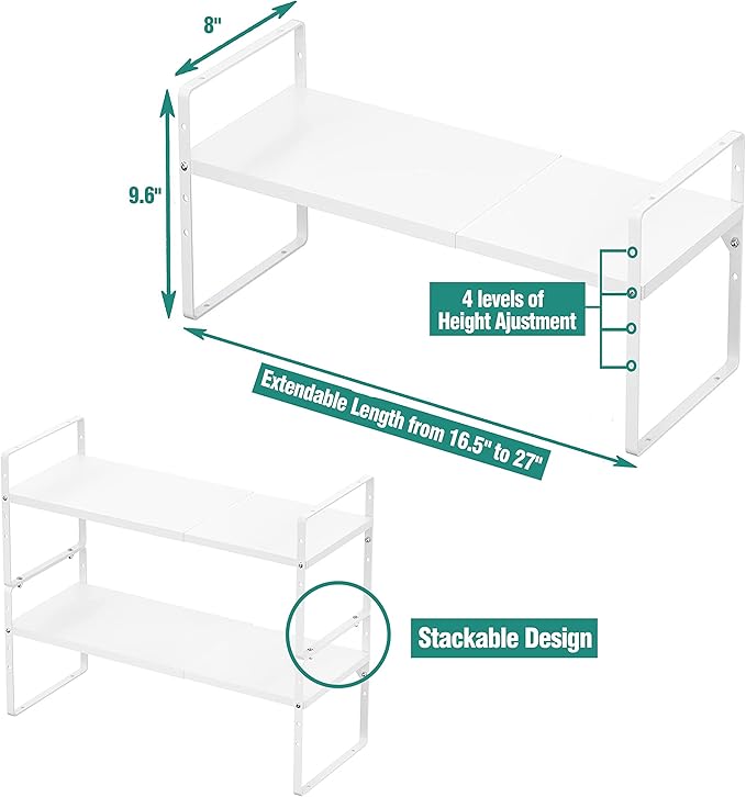 Expandable Cabinet Shelf Organizer Rack, Stackable Kitchen Counter Storage Shelves Stand, Adjustable Height Pantry Shelf Spice Rack, Heavy Duty Nonslip White Small 1Pack