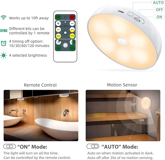 Warm Color LED Closet Lights Wireless Motion Sensor Puck Light, USB Rechargeable Battery Operated Puck Step Lights with Remote, Dimmable Under Cabinet Lighting for Counter Wardrobe Kitchen (6 Pack)