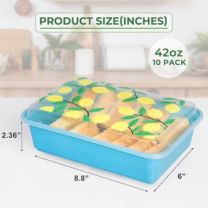 10 Pack 42 oz Meal Prep Containers, Reusable Plastic Food Prep Storage Containers with Printed Lids, Stackable, Leakproof, Microwave & Freezer & Dishwasher Safe,To Go Take Out Box, Lemon