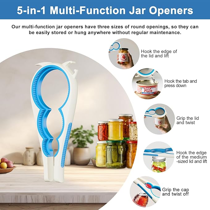 2 Pack, 5-in-1 Jar Openers for Weak Hands, Multi Function Jar Openers For Arthritis Seniors, with Durable Non Slip Rubber and Jar Opener Gripper Easy to Use (Blue+White)