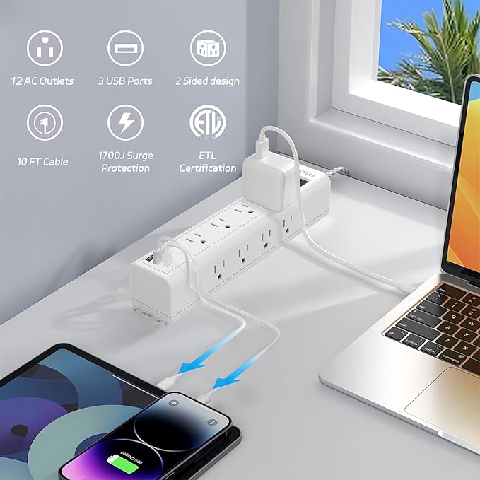 Surge Protector Power Strip 10 FT Extension Cord with Multiple Outlets - 12 Widely AC Outlets and 3 USB Ports, Flat Plug, Wall Mount Outlet Extender with 1700J Overload Protection, ETL Listed