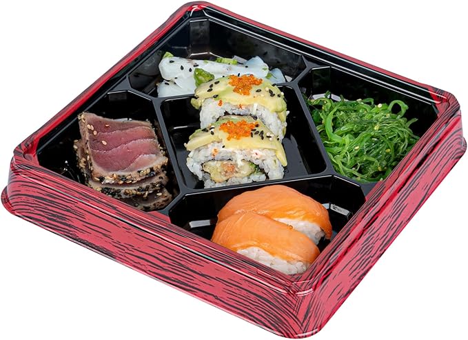 Restaurantware Bento Tek 18.6 Ounce Meal Prep Containers, 100 Disposable To Go Food Boxes - Lids Sold Separately, 5 Compartments, Red And Black Plastic Bento Lunch Boxes, Freezable, For Take Out