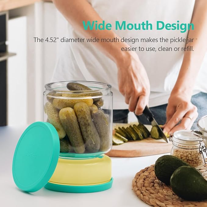 Glass Pickle Jar with Strainer for Pickle Lover - 50 oz Airtight Olive Container with Silicone Lids, Kitchen Organization Must-Have Versatile Hourglass Jar, BPA-Free, Dishwasher Safe (Green)