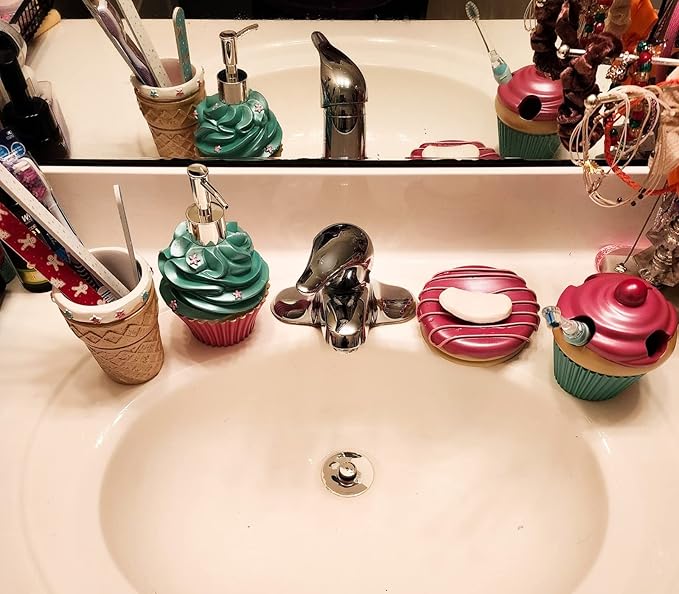 Bathroom Accessories Sets Organizer Complete with Milkshake Lotion/Soap Dispenser,Egg Tube Bath Cup/Tumbler,Donut Soap Dish,Cake Toothbrush Holder for Kids Bath Decor (Pink)