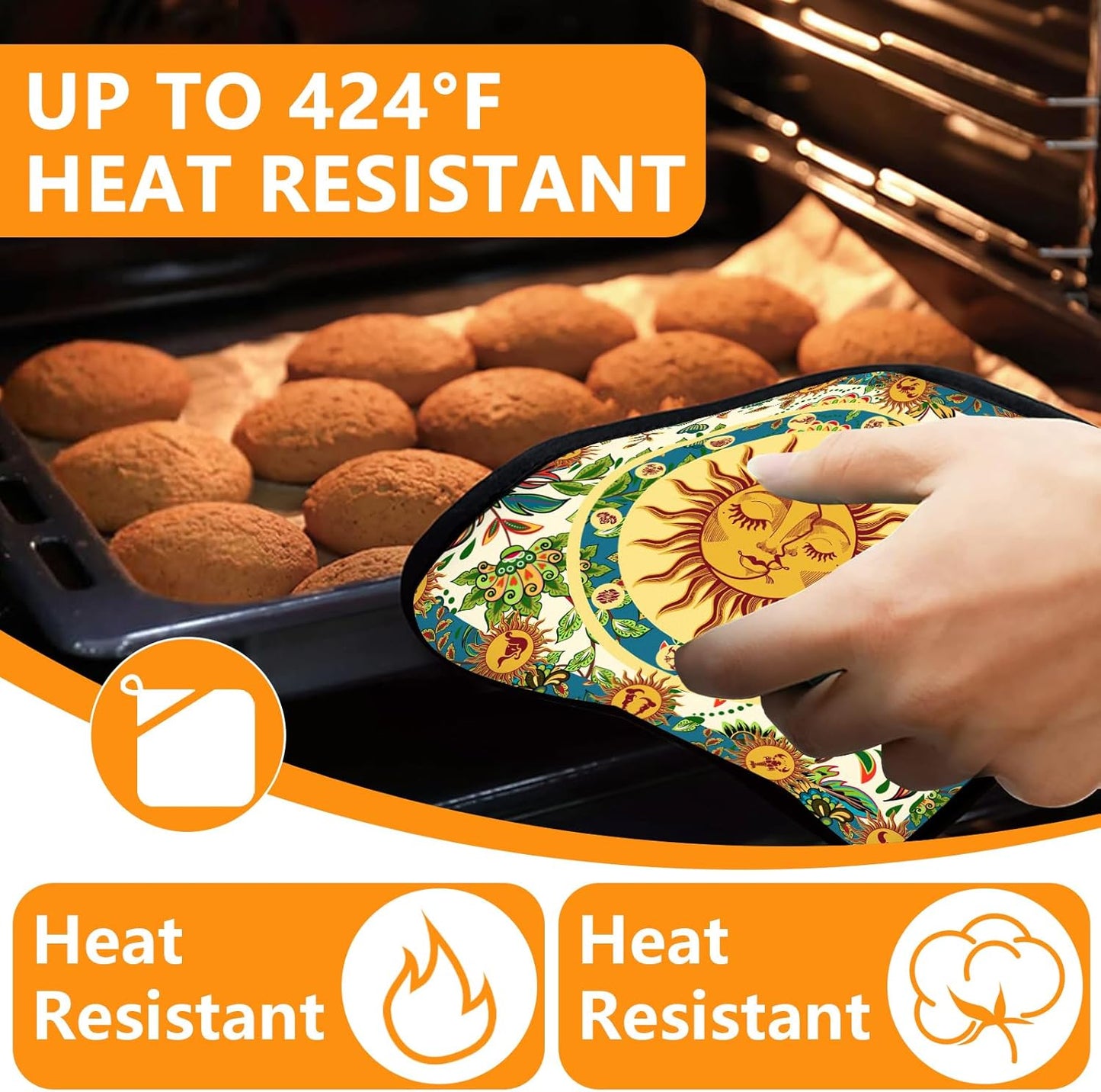 Sun and Moon Oven Mitts and Pot Holders Sets 4Pcs,Extra Long Oven Gloves Potholder for Kitchen Cooking Baking BBQ 100% Cotton Heat Resistant