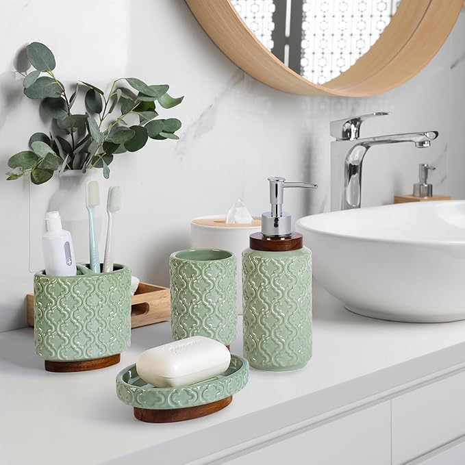 Bathroom Accessories Set 5 Pieces Toothbrush Holder Soap Dispenser Ceramic Bathroom Accessory Set Contain Cotton Swab Jar Toothbrush Cup Soap Dish Tumbler Green