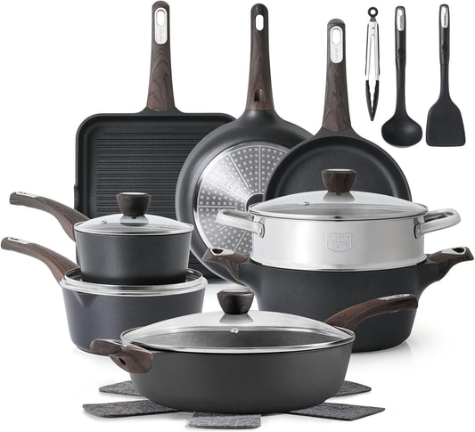 SENSARTE Pots and Pans Set Nonstick, 20 Pcs Induction Cookware Sets, Non-toxic Healthy Non Stick Kitchen Cooking Set with Stay-Cool Handles, PFOA PFOS Free, Black