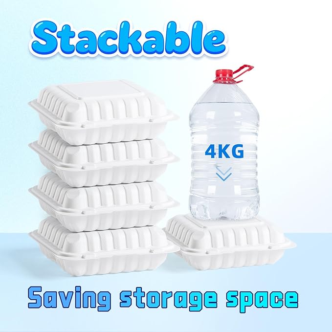 YANGRUI Food Containers 7.8" 30 oz 65 Pack - Shrink Wrap Mineral Filled BPA Free PP Plastic | Heavy Duty Microwave Safe | Individual Portion 3 Compartment | Restaurant White Takeout container