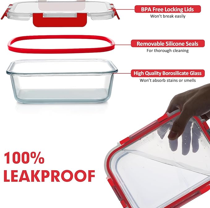VERONES 30 Pieces Glass Meal Prep Containers Set, Stackable Glass Food Storage Containers with Lids-Airtight Glass Lunch Containers，for Microwave, Oven, Freezer & Dishwasher,Red