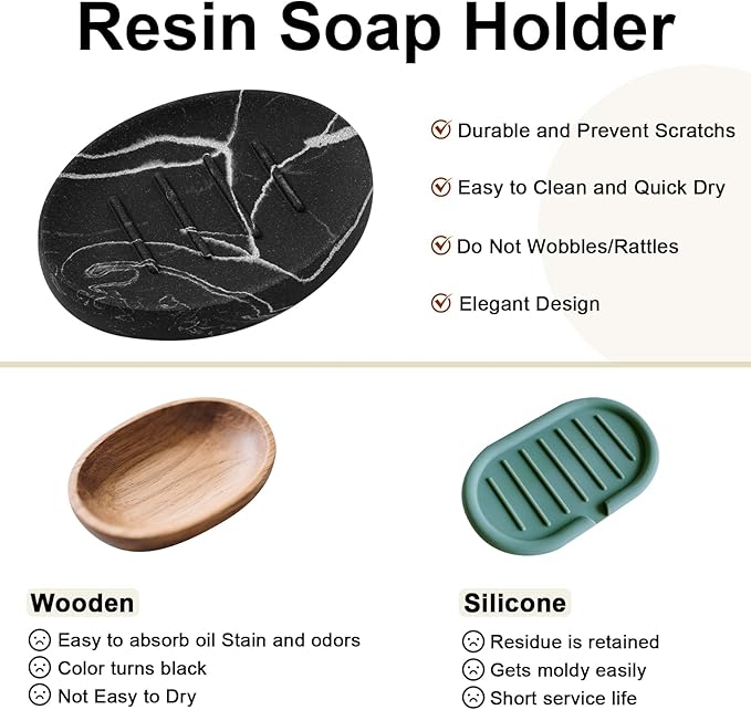 Soap Dish Bathroom Resin Marble Look Bar Soap Holder for Shower Soap Tray for Kitchen Sink 2 Pack(Marble Black)