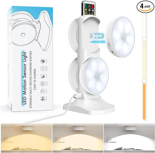 Wireless Motion Sensor Puck Step Lights with Charging Station, 3 Colors USB Rechargeable LED Closet Light with Remote, Dimmable Under Cabinet Lighting with Remote Control, Stick-on Lights (4 Pack)