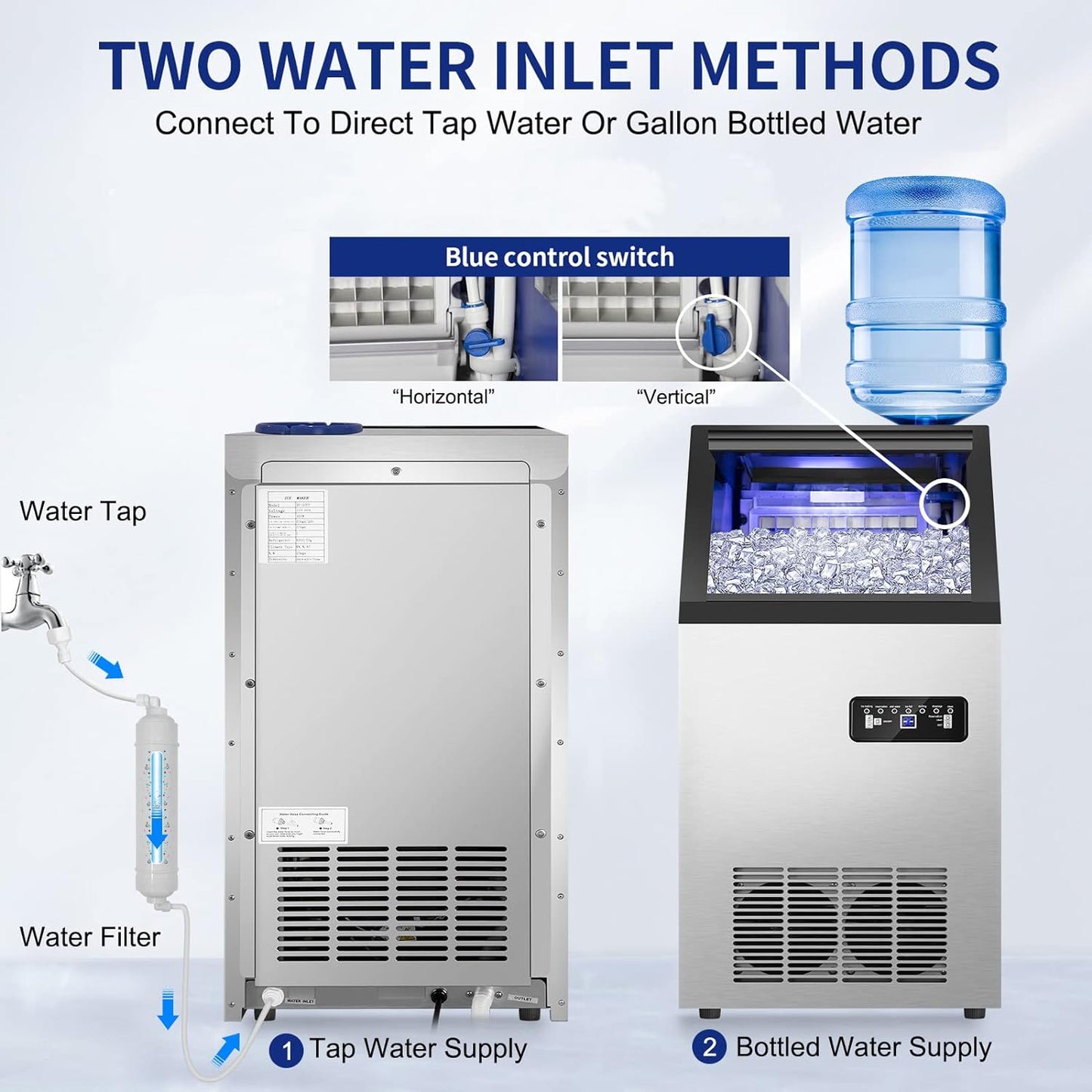 Commercial Ice Maker Machine 120Lbs/24H with 35Lbs Ice Capacity, 45Pcs Clear Ice Cubes Ready in 11-20Mins, Stainless Steel Under Counter Freestanding Large Ice Machine, 2 Water Inlet Modes