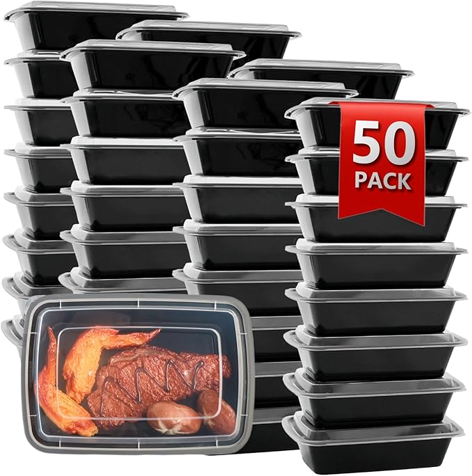 Meal Prep Containers Reusable 50 Pack-34 oz Food Storage Containers with Lids To Go Food Containers Takeout, Microwave Dishwasher Freezer Safe, Stackable, BPA Free, Plastic (Black)