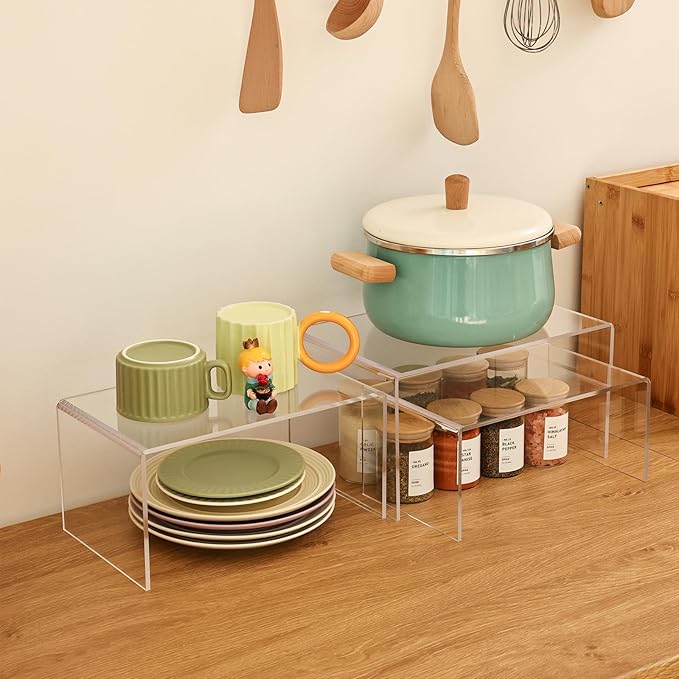 3 Pieces Clear Cabinet Organizer, 5mm Acrylic Kitchen Shelves Organizer Spice Rack Clear Display Shelves, Room Decor Pantry Countertop Desk Organizer Shelves
