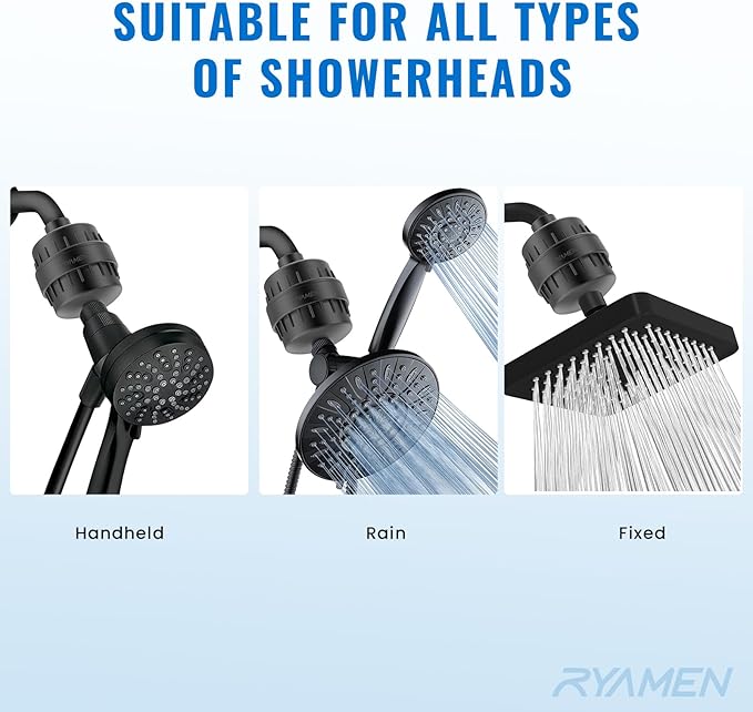 Ryamen Heavy Duty Shower Filter, Shower Water Filter, 99% REMOVAL Shower Head Filter for Hard Water, Heavy Metals, Chlorine, Enhanced Water Filtration for Healthier Skin and Hair (Black)