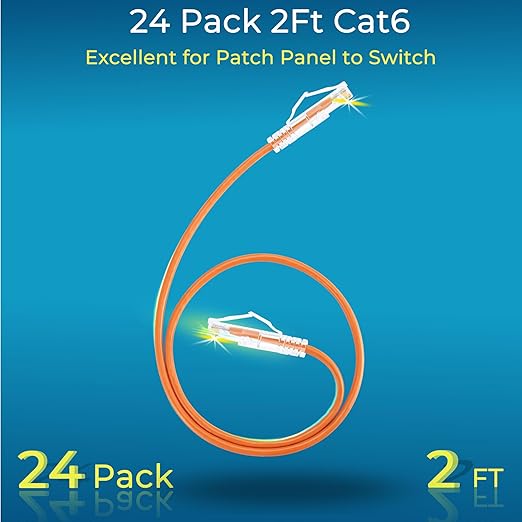 Rapink Slim Cat6/ Cat6a 2ft (24 Pack) Ethernet Patch Cable - 10G Support, Snagless, Flexible Orange