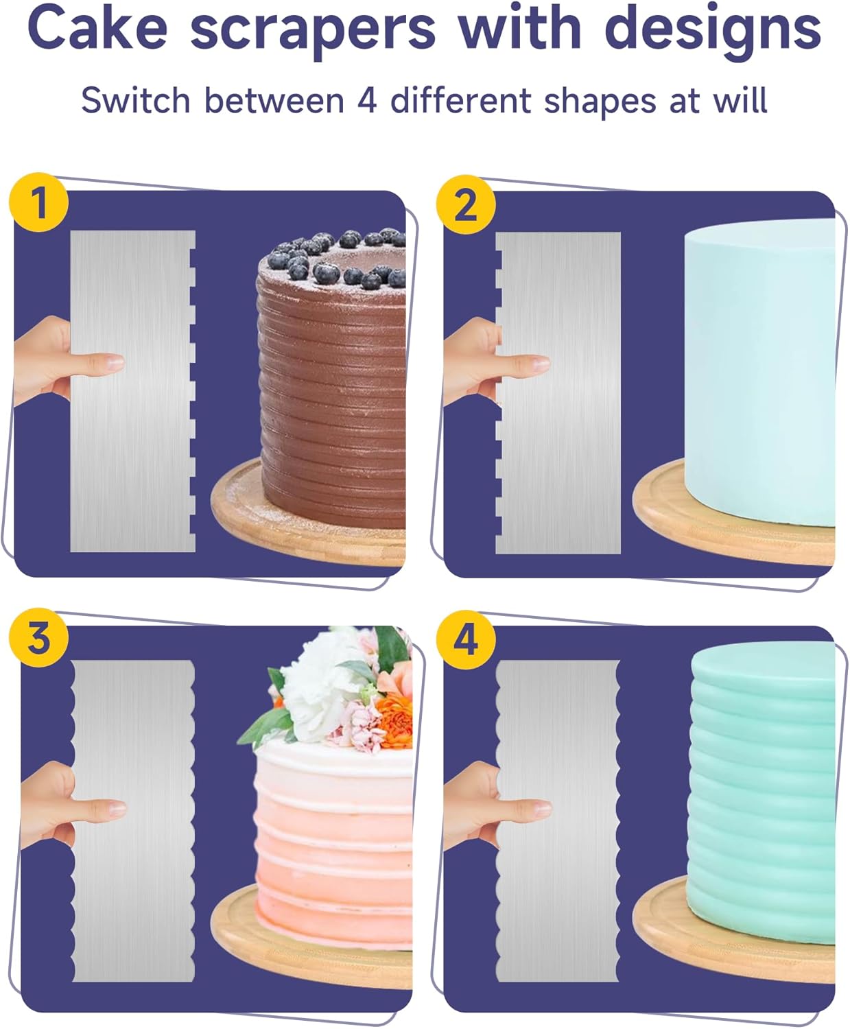12 Inch Stainless Steel Cake Scraper Set of 2, Metal Cake Scraper Double Sided Patterned Edge for Icing Smoother,Tall Cake Scraper, Cake Combs for Buttercream