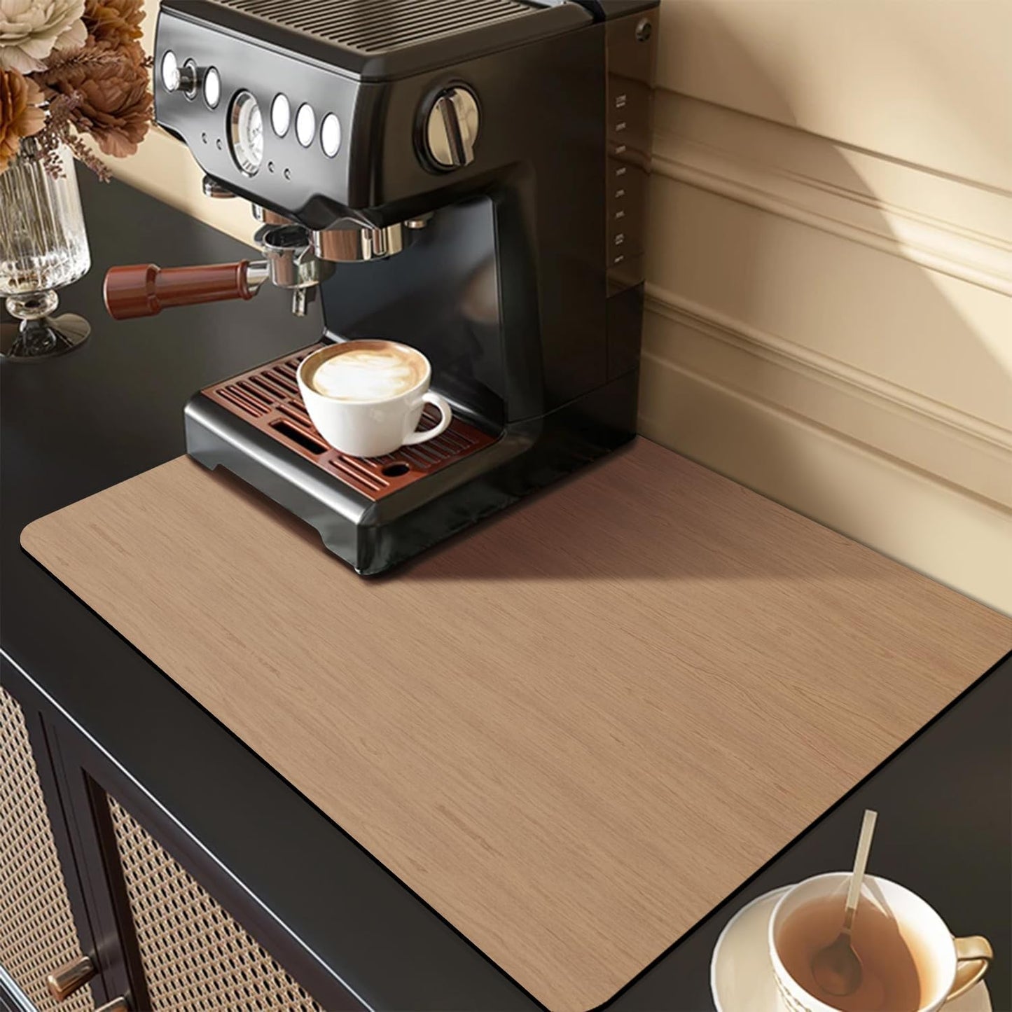 Coffee Mat Coffee Bar Mat - Absorbent Rubber Backed Coffee Pot Cup Holder Quick Drying Mats Fit Under Coffee Maker Espresso Machine Coffee Bar Accessories Kitchen Counter Dish Drying Mat 23"x15", Wood