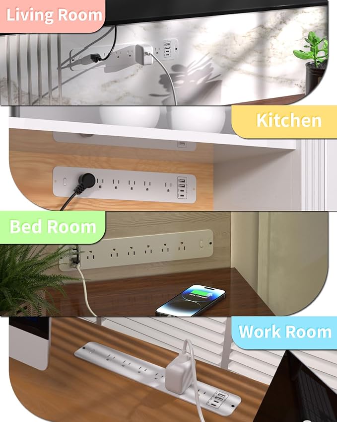Recessed Power Strip Extension - 10 Outlet Surge Protector with 6 AC - 2 USB-A（18W） and 2 USB-C（PD20W） Ports - Flush Mount Desk Outlet with 6 Feet Cord - for Conference Table (White)