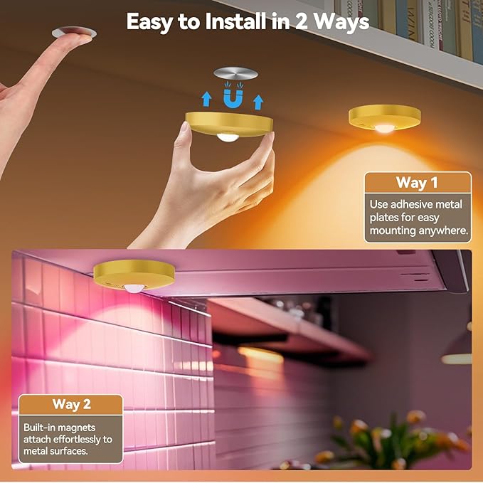 Rechargeable Puck Lights with Remote, 12 Pack Magnetic Under Cabinet Lighting, 1500mAh Battery Operated LED Tap Lights with Dimmer & Timmer for Kitchen, Closet, Shelf - 3 Color Temps & 12 RGB, Gold