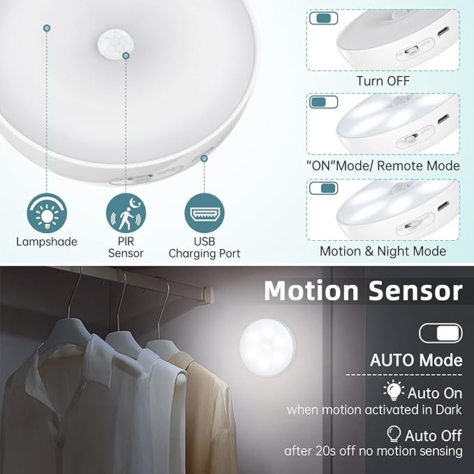 Wireless Motion Sensor Puck Step Lights with Charging Station, 3 Colors USB Rechargeable LED Closet Light with Remote, Dimmable Under Cabinet Lighting with Remote Control, Stick-on Lights (4 Pack)