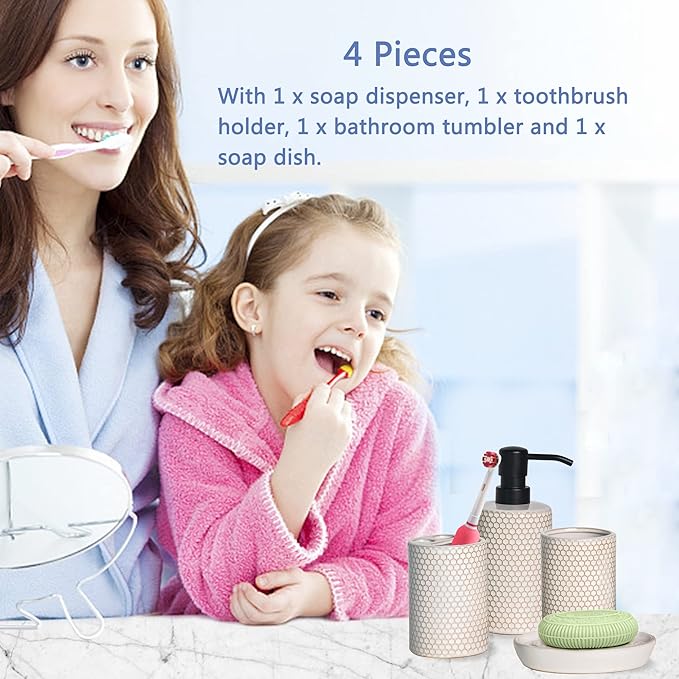 Bathroom Accessory Set-4 Pcs Complete, Honeycomb Pattern Ceramic Bathroom Accessories Gift Set Toothbrush Holder, Toothbrush Cup, Soap Dish, Soap Dispenser