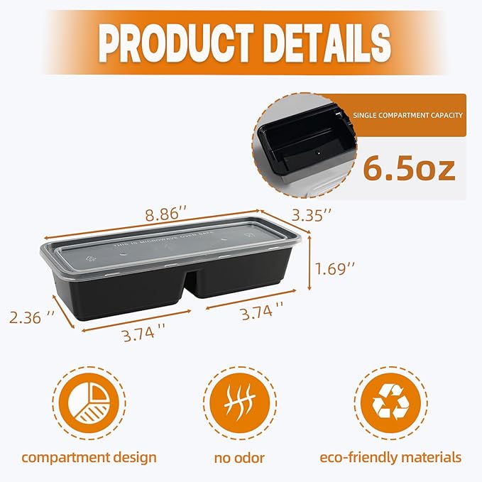 Disposable Food Storage Containers with Lids Meal Prep 2-Compartment To Go Take Out Plastic Black, Sturdy Leakproof Food Safe, Microwave Freezer Dishwasher Safe (10, 2 compartment)