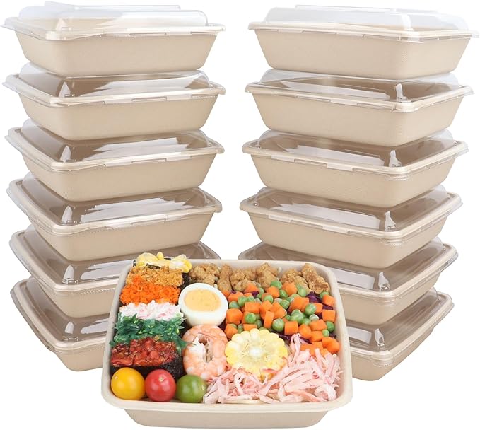 34 oz Square Disposable bowls with lids,Sugarcane Fibers Bowls take away food containers Plant Fibers Freezer Safe 25 Pack