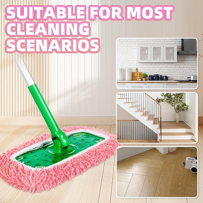 8 Pack Reusable Mop Pads Compatible with Swiffer Sweeper, Microfiber Chenille Washable Swiffer Mop Pads, Dry & Wet Sweeping Mopping Cloths (Pink)