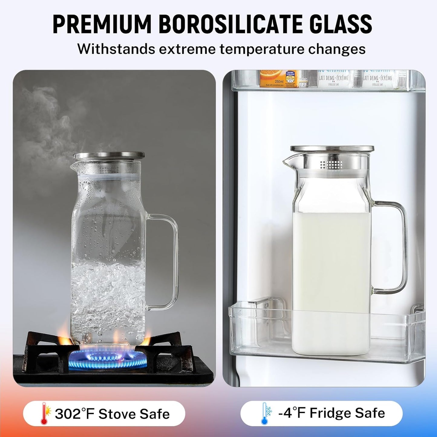 Netany 2 Pack 1.2 Liters/40 oz Small Square Glass Pitcher with Lid and Handle for Fridge, Iced Tea and Coffee Carafe Storage Container, Resistant to Hot and Cold Borosilicate Jug