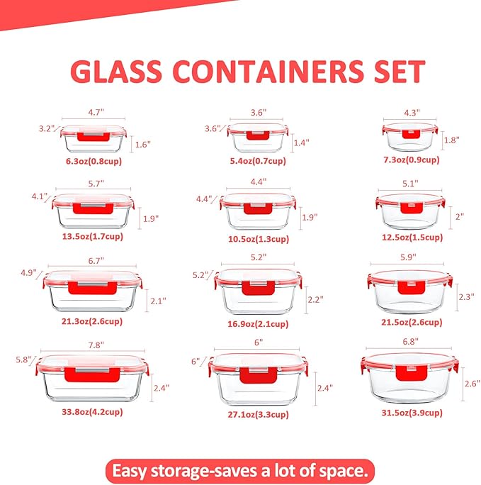 KOMUEE 24 Pieces Glass Food Storage Containers Set,Glass Meal Prep Containers-Stackable Airtight Glass Storage Containers with lids,Freezer, Microwave, Oven Safe,Red