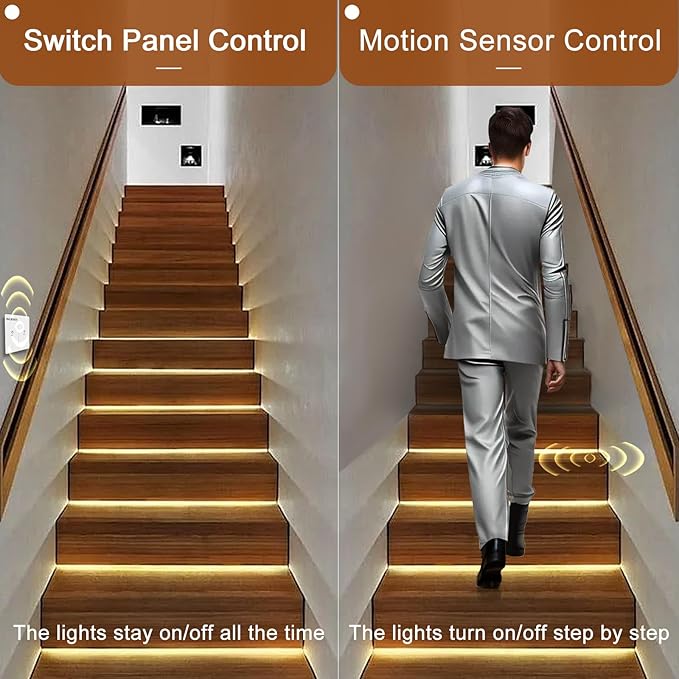 Motion Sensor LED Stair Light Kit, Multiple Working Mode Step Lights Including 3.28ft Cuttable COB LED Strips Indoor with Pannel Switch (16Stairs,3000K)