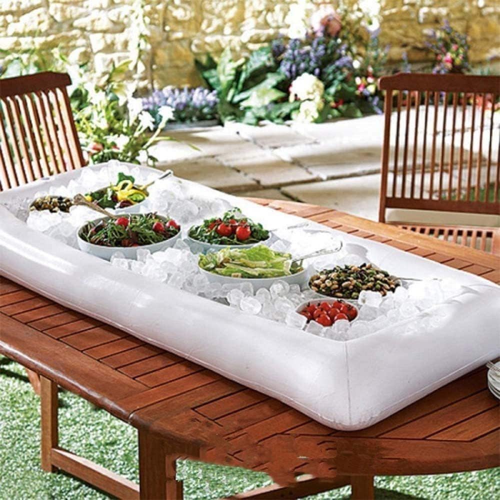 8Pack Party Supplies (food covers*3, tablecloth*1, Inflatable Serving Bars*1,Ice Bag*2, Pump*1),Pool Party Buffet Drink Cooler, Ice Tray Food Drink Containers for BBQ Picnic Pool Garden Party Wedding