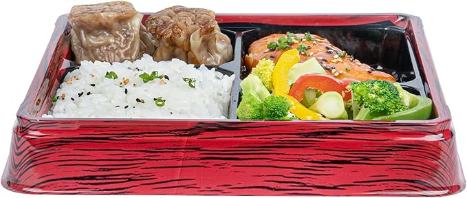 Restaurantware-Bento Tek 17.9 Ounce Meal Prep Containers, 100 Disposable To Go Food Boxes - Lids Sold Separately, 4 Compartments, Red And Black Plastic Bento Lunch Boxes, Freezable, For Take Out