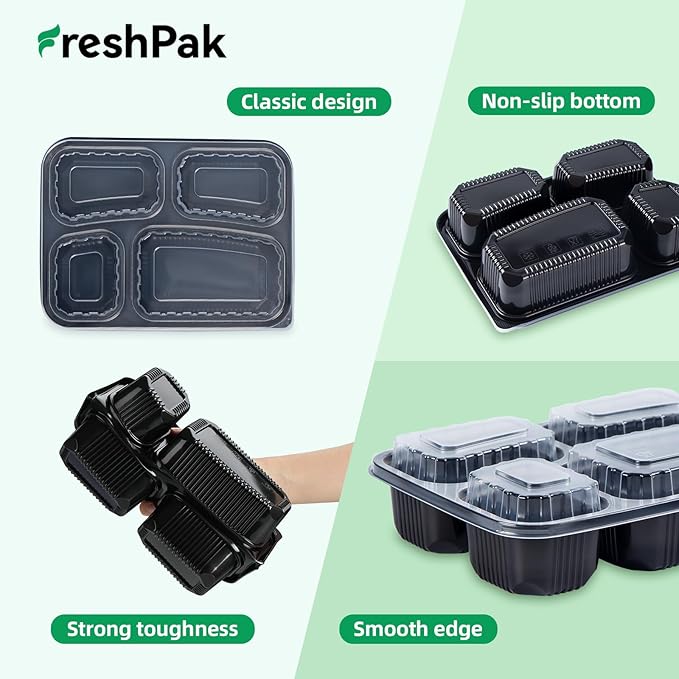 FRESHPAK Meal Prep Container Reusable 40 Pack 34oz - Shrink Wrap Leakproof | Portion Control Leftover Plastic Food Containers with Lid | BPA Free Freezer & Microwave Safe | 4 Compartment Takeout Boxes