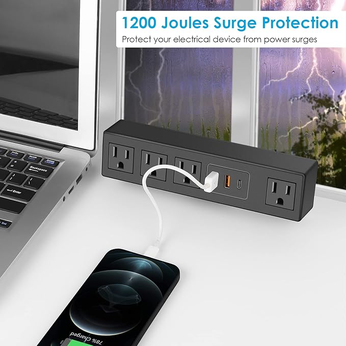 CCCEI Desk Clamp Power Strip with USB-A and USB-C Ports, Desktop Mount Surge Protector 1200J, Widely Spaced Desk Outlet Station, Fast Charging, 3 FT Flat Plug, Fit 1.9 inch Tabletop Edge.