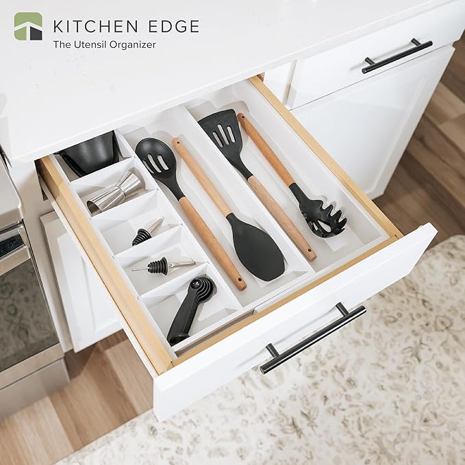 Adjustable Kitchen Drawer Organizer for Utensils and Junk, Food-Safe Contract Grade with 100% Sustainable Wood, Expandable from 10.5 to 19 Inches Wide - White Bamboo