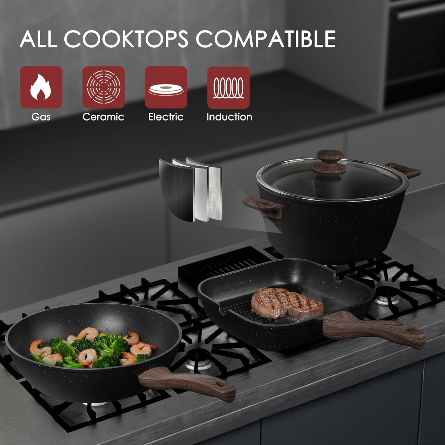 Kikcoin Pots and Pans Set Non Stick 31 Piece Kitchen Nonstick Cooking Cookware Sets with Grill Pan Saucepan Baking Sheet Utensil
