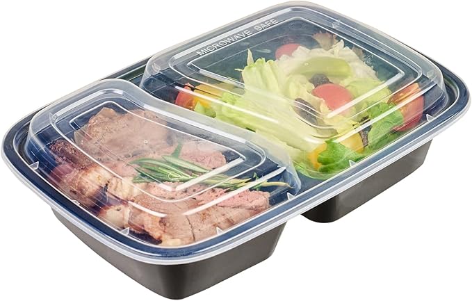 Restaurantware Asporto 32 Ounce Compartment Take Out Boxes, 50 Microwavable Meal Prep Containers - 2 Compartments, With Clear Plastic Lids, Black Plastic Food Containers, Do Not Contain BPA